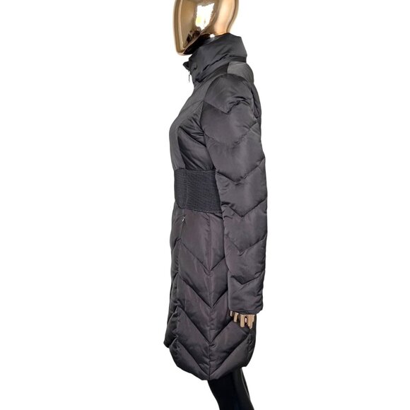 T Tahari Down Puffer Coat Taupe Brown XS, Long Quilted Winter Jacket High Neck - Picture 4 of 13